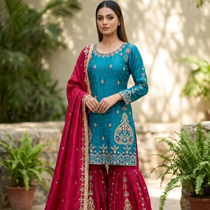 Ensemble Sharara de créateur pour femme avec dupatta – Robe ethnique de soirée richement brodée - Product Image 1