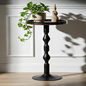 Mesa Auxiliar Redonda Industrial de Metal Negro y Madera Oscura, Mesa para Bebidas con Tapa Rústica, Mesa Auxiliar Martini para Sala de Estar - Product Image 3