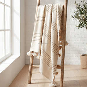 Blue Grey Striped Cotton <b>Throw</b> Blanket 125x150 cm with Decorative Fringe for Coastal Farmhouse Sofa and <b>Chair</b> Décor - Product Image 2