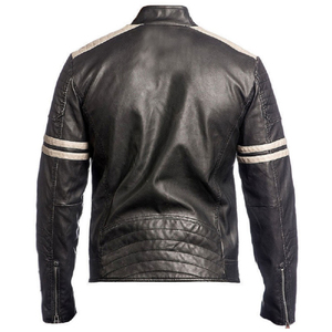 Blouson de moto en cuir véritable noir pour homme, style motard, col montant, fermeture éclair, coupe classique, pour l'automne - Product Image 4