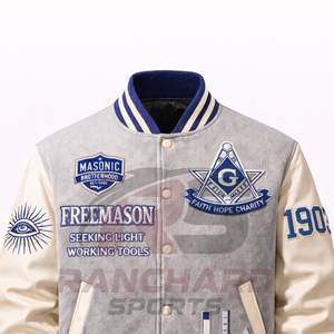 Veste universitaire personnalisée d'inspiration maçonnique – Corps en laine de qualité supérieure avec manches en cuir PU et symboles brodés - Product Image 2