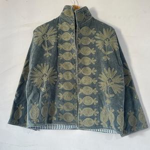 Dusty Blue <b>Velvet</b> Cotton Embroidery Breathable Handmade Suzani Inspired <b>Quilted</b> Statement Jacket - Product Image 5