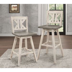 Set di 2 Sgabelli da Bar Girevoli Grigio Bianco Effetto Invecchiato, Altezza Pub, Rotazione a 360 Gradi, in Legno Massello di Gomma, con Schienale a X Diviso - Product Image 5