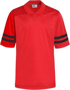 เสื้อกีฬาโพลีเอสเตอร์สีแดงพร้อมแถบสีดำที่แขนเสื้อคอวีแขนสั้นเสื้อกีฬาที่ทนทาน - Product Image 1