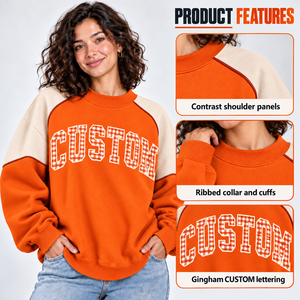 Women Custom <b>Orange</b> Patchwork Sweatshirt Oversized Color Block Mock Neck Pullover Autumn Streetwear Raglan Sleeve Fleece <b>Hoodies</b> - Product Image 5