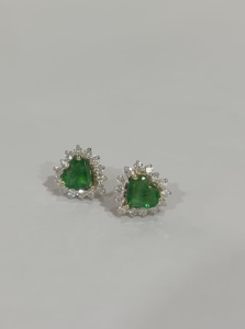 14KT Gold Fine Jewelry Certified Heart Stud <b>Earrings</b> in Natural Emerald and Natural Diamonds for wedding occasions - Product Image 2