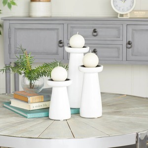 Ensemble de 3 porte-bougies en bois blanc de style artisanal, supports de bougies décoratifs rustiques vintage pour la décoration de table à la maison au meilleur prix - Product Image 4