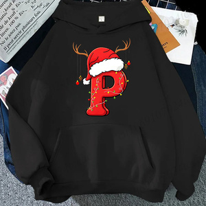 Sweat-shirt à capuche pour homme en coton noir imprimé avec motif de Noël (lettre P, chapeau de Père Noël et bois de renne) – Collection Hiver Décontractée - Product Image 1