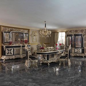 Juego de Comedor de Lujo Sovereign The Langham, Tallado a Mano en Madera de Teca Negra y Dorada, Colección de Muebles Clásicos para Palacio, Hotel o Villa - Product Image 1