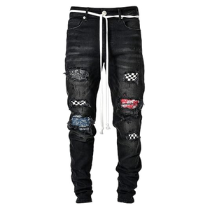 Jeans déchirés noirs personnalisés pour hommes, coupe skinny, denim usé, pour streetwear, tenue décontractée et mode à marque privée - Product Image 4