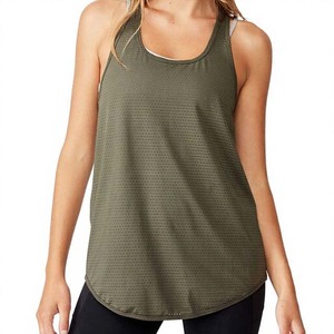 Camiseta sin mangas con cuello redondo para mujer, color verde oliva, transpirable, de punto, deportiva, sin mangas, color liso, longitud regular - Product Image 1