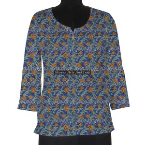 Kurti เดรสผ้าฝ้ายพิมพ์ลายสไตล์หมู่บ้านอินเดียเดรสแขนสั้นพิมพ์ลายบล็อคมือสไตล์หมู่บ้านอินเดีย - Product Image 1