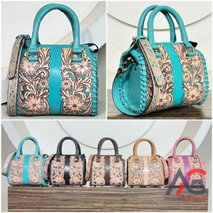 Top Selling Handcrafted <b>Tooled</b> <b>Leather</b> Floral Duffel Bags New Genuine <b>Leather</b> Crossbody Handbags With Zipper Closure for Travel - Product Image 1