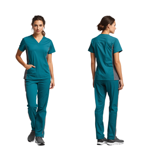 Combinaison médicale pour femmes, gris turquoise, avec panneaux contrastés, uniforme professionnel pour le personnel de santé - Product Image 1