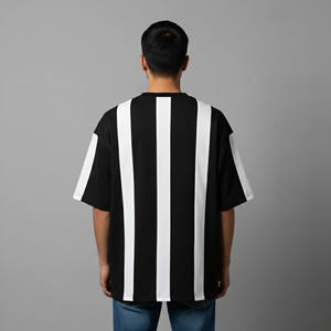 Plus Size Men's Oversized Black White Striped Short Sleeve T-Shirt With Front <b>Logo</b> Print Casual Style O-Neck 100% Cotton Jersey - Product Image 3