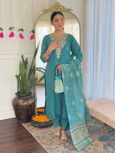 Best Women's Viscose Chanderi solid Straight Teal Blue <b>Kurti</b> with Pant And Naylon Jacquard Printed Dupatta Sets - Product Image 3