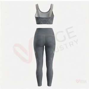 Conjunto de yoga de 2 piezas con estampado geométrico gris para mujer, sujetador deportivo con cuello redondo, leggings de cintura alta, longitud completa - Product Image 2