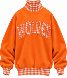 OEM ODM Women’s Oversized Heavyweight <b>Mock</b> Neck Sweatshirt Custom Plaid Gingham Patchwork Casual Varsity Pullover - Product Image 1