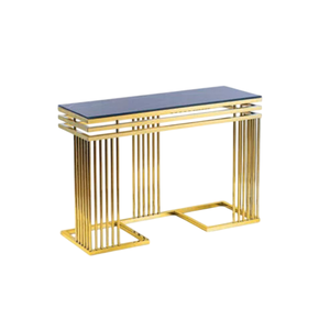 Table console en acier inoxydable doré de qualité supérieure, plateau en verre noir élégant, meuble d'entrée/hall pour intérieur, à prix avantageux - Product Image 1