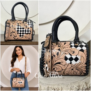2026 Latest Pattern Hand <b>Tooled</b> Checkered Cowhide Leather <b>Small</b> Speedy Bag for Women's With Floral Carved Design Shoulder Bag - Product Image 1