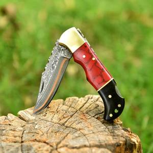 Wholesale Handmade Copper Damascus Folding <b>Knife</b> Red Resin and Wood Handle Brass Bolster <b>EDC</b> <b>Knife</b> Leather Sheath Manufacturer - Product Image 3