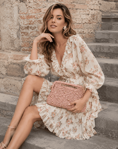 Pink Crochet Clutch With Pearl Embellishments Bohemian Style Summer <b>Handbag</b> Open Top Daily Use Women's Bag - Product Image 2