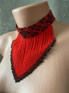 Custom beadwork Ukrainian Beaded Gerdan <b>Necklace</b> Red Black, Boho Fringe Choker, Ethnic <b>Statement</b> Piece WEDDING , ANNIVERSARY, - Product Image 3