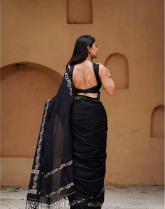 Sari Tradicional KV de Lino Negro Estampado con Diseño Reversible Antiarrugas de Secado Rápido para Fiestas de Otoño, Blusa Sin Coser - Product Image 5