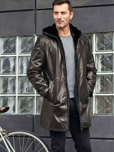 Men's Long PU Leather Jacket With <b>Faux</b> <b>Fur</b> Lining Hooded Zipper Closure Windproof Winter <b>Coat</b> Casual Style - Product Image 1