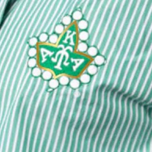 Camisa de Botones a Rayas Verdes y Blancas AKA para Mujer, con Letras Griegas Bordadas, Manga Larga, Estilo Casual y Elegante - Product Image 3