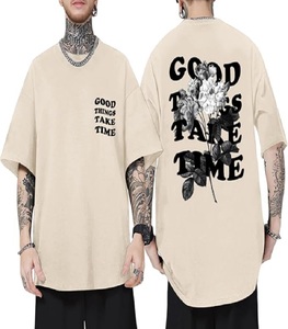 Les Bonnes Choses Prendent du Temps T-shirt Homme Oversize Imprimé Floral Style Urbain Manches Courtes Col Rond Coton Jersey Beige - Product Image 3