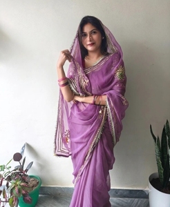 KV Women's Embroidered Wrinkle-Free Quick-Dry Bollywood Georgette <b>Saree</b> (<b>Purple</b>) Autumn - Product Image 1