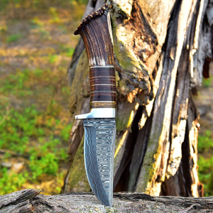 Cuchillo de Camping de Hoja Fija de Acero de Damasco de Carbono de Alta Calidad con Borde Dentado y Espiga Recta, Mango de Cuerno de Grado Industrial - Product Image 5