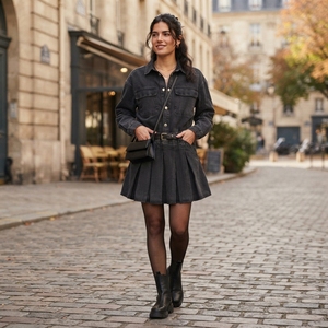 Womens Denim Shirt Dress With Belt <b>Long</b> Sleeve Pleated <b>Skirt</b> Solid Color Casual Stonewashed Autumn Style - Product Image 5
