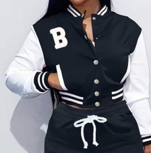 Chaqueta Varsity Unisex Negra y Blanca, Cortavientos, con Cuello Alto, Botones al Frente, Estilo Preppy, Corte Ajustado, para Otoño, Mezcla de Poliéster/Algodón - Product Image 1
