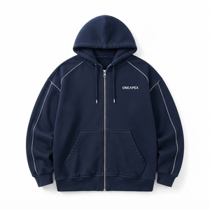 Custom <b>Men's</b> <b>Navy</b> Blue Full Zip Hoodie Contrast Piping Oversized Streetwear Sweatshirt - Product Image 1