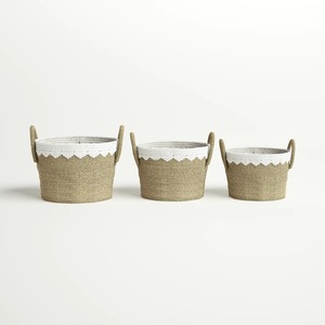 Set of 3 seagrass <b>baskets</b> with white patterned stitching Handmade <b>Storage</b> <b>Basket</b> Wholesale eco-friendly Made in Vietnam - Product Image 1