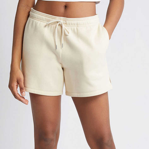 Shorts en molleton crème pour femme, taille mi-haute, avec cordon de serrage, décontractés, avec poches, respirants, coupe régulière, tricotés, couleur unie, shorts de survêtement - Product Image 1