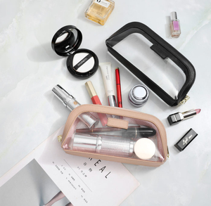 Simple Style Small Cosmetic Bag With Zipper Closure Portable <b>Makeup</b> <b>Case</b> Beige Color Microfiber Synthetic Leather - Product Image 4
