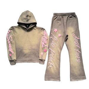 Pantalon long homme grande taille Y2K en coton 100% délavé, personnalisé, épais, effet vieilli, avec impression en relief et strass - Product Image 1