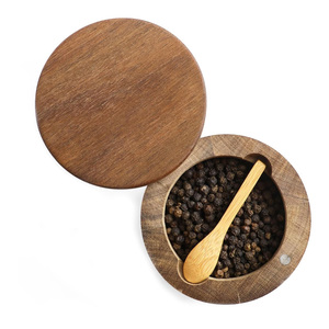Juego de 2 tazones de sal y pimienta de madera de acacia con tapa para almacenar sal de cocina, pimientos, especias, encimera, decoración moderna de granja - Product Image 4