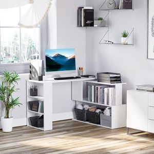 <b>White</b> <b>L</b>-<b>Shaped</b> Corner Home Office <b>Desk</b> with 360 Degree Rotation 3-Storage Shelves Writing Workstation - Product Image 2