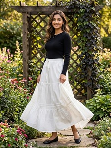 <b>Black</b> Solid Tiered Casual Maxi Skirt Women High Waist Ruffle Hem a Line Laminated Woven <b>Feathers</b> Fluffy for Spring Summer - Product Image 6