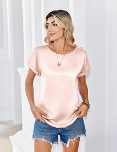 Women Business Casual Outfit Short Sleeve <b>Tops</b> Crewneck T shirt Silk Shirt Summer Clothes - Product Image 5