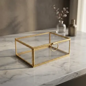 Artisan Design B79 Rectangular Glass Jewelry Box with Brass Frame and Ring Handle Modern Storage Organizer for <b>Bedroom</b> <b>Vanity</b> - Product Image 3
