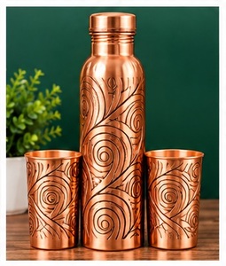 Botella de agua vintage de cobre con grabado de mandala de loto y 2 tazas a juego - Product Image 4