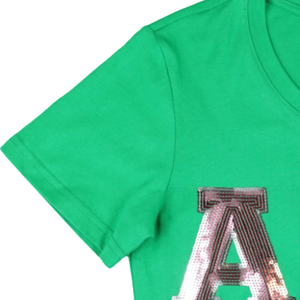 T-shirt décontracté à manches courtes en coton premium pour femme, avec patch à sequins verts, style sororité grecque - Product Image 5