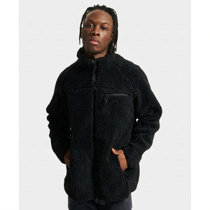 <b>Men's</b> Black <b>Fleece</b> <b>Jacket</b> Stand Collar Zipper Closure Windproof Warm Casual Winter Outerwear <b>Sherpa</b> Lining Pockets Regular Fit - Product Image 4