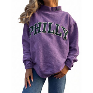 Sudadera Oversize de Cuello Redondo para Mujer con Bordado Frontal de Filadelfia, Color Liso, Tejido de Algodón/Fibra de Bambú, Manga Larga, Estilo Otoñal - Product Image 6