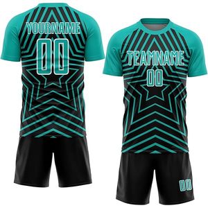 ชุดเสื้อฟุตบอลแบบกำหนดเอง สีดำ-น้ำเงิน ลายพิมพ์ซับลิเมชั่นรูปทรงเรขาคณิต ระบายเหงื่อได้ดี เสื้อผ้าสำหรับผู้ใหญ่แบบยูนิเซ็กซ์ คอกลม แขนสั้น - Product Image 4